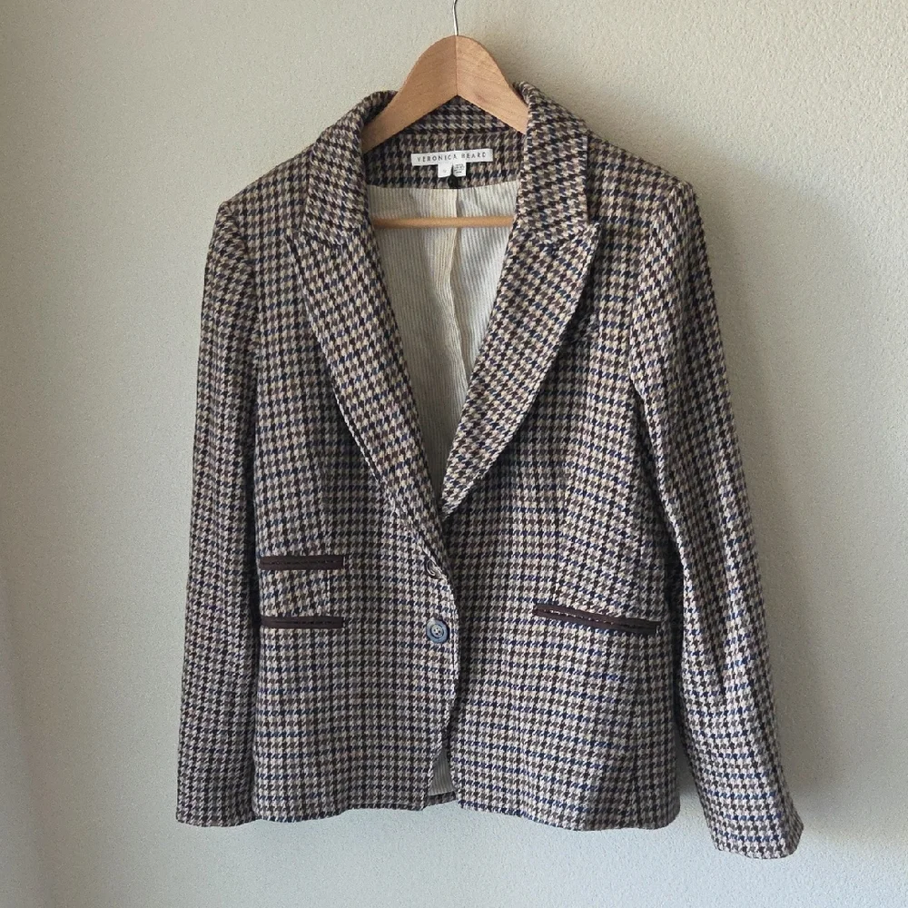 Veronica Beard Hudson Houndstooth Dickey Blazer Suede Elbows & Trim Sz 12 - Picture 3 of 16